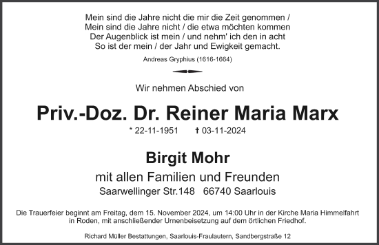 Traueranzeige von Reiner Maria Marx von saarbruecker_zeitung