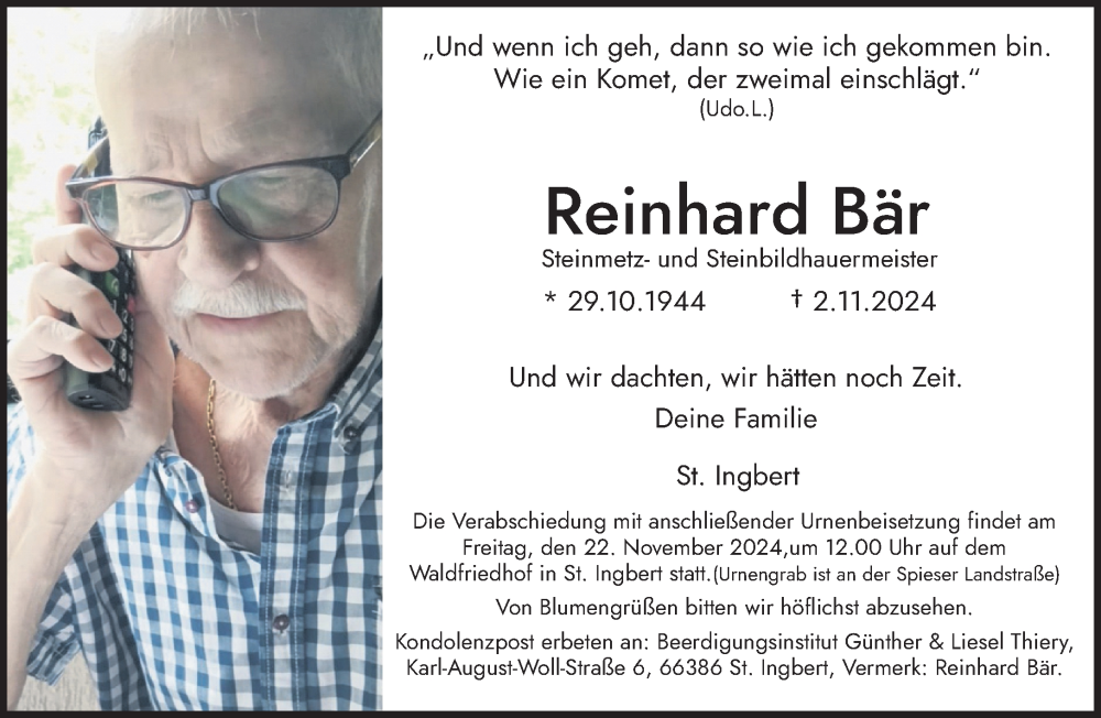  Traueranzeige für Reinhard Bär vom 16.11.2024 aus saarbruecker_zeitung