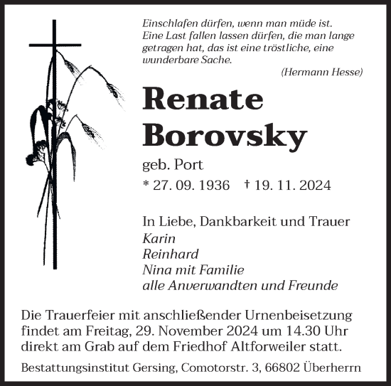 Traueranzeige von Renate Borovsky von saarbruecker_zeitung