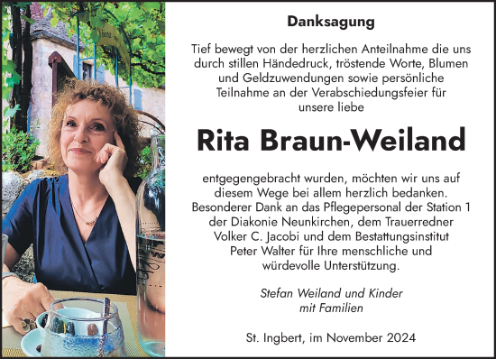 Traueranzeige von Rita Braun-Weiland von saarbruecker_zeitung