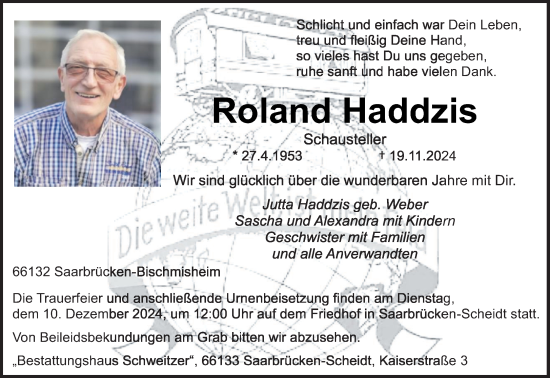 Traueranzeige von Roland Haddzis von saarbruecker_zeitung