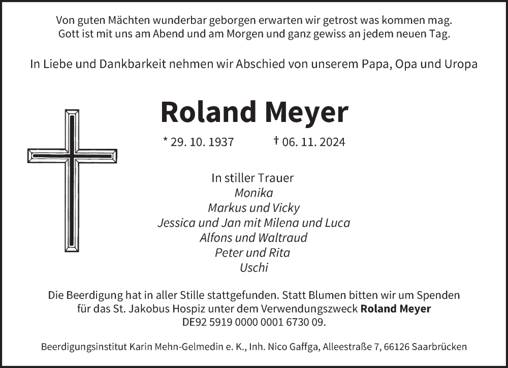  Traueranzeige für Roland Meyer vom 16.11.2024 aus saarbruecker_zeitung