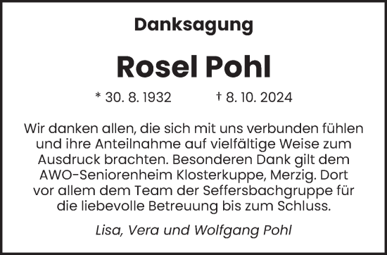 Traueranzeige von Rosel Pohl von saarbruecker_zeitung