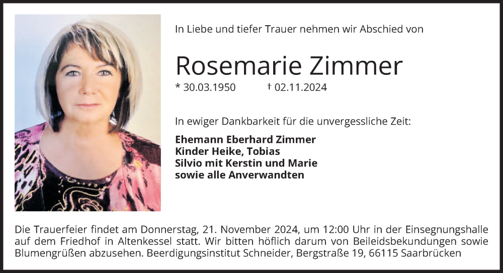  Traueranzeige für Rosemarie Zimmer vom 16.11.2024 aus saarbruecker_zeitung