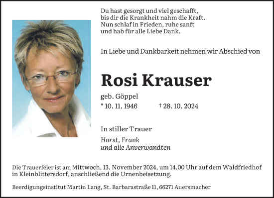 Traueranzeige von Rosi Krauser von saarbruecker_zeitung