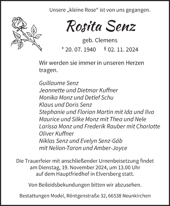 Traueranzeige von Rosita Senz von saarbruecker_zeitung