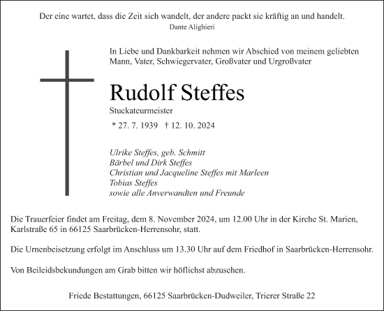 Traueranzeige von Rudolf Steffes von saarbruecker_zeitung