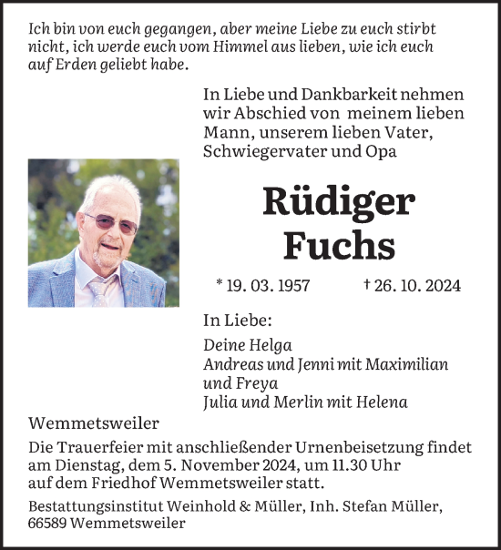 Traueranzeige von Rüdiger Fuchs von saarbruecker_zeitung