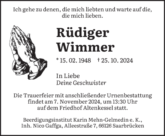 Traueranzeige von Rüdiger Wimmer von saarbruecker_zeitung