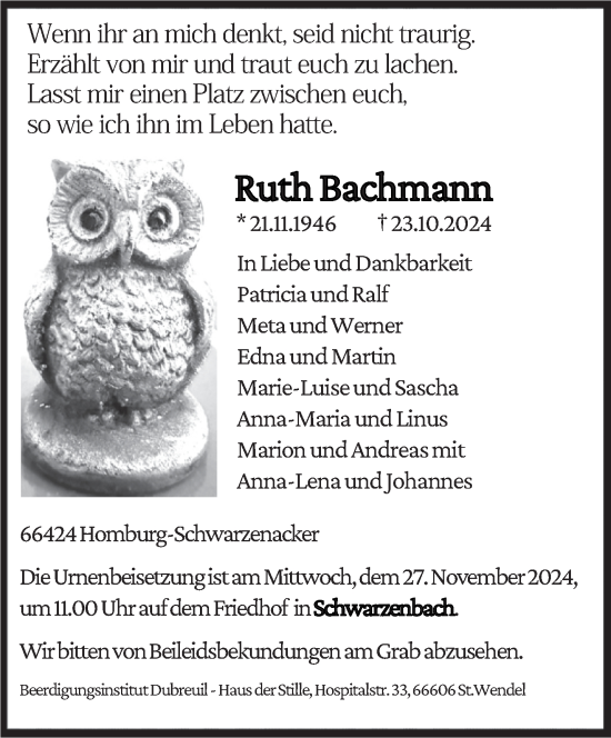 Traueranzeige von Ruth Bachmann von saarbruecker_zeitung