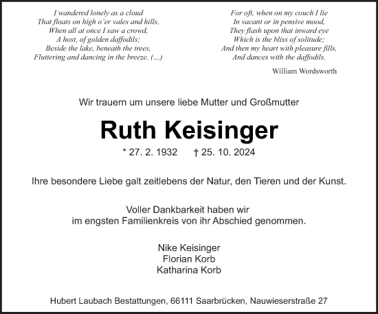 Traueranzeige von Ruth Keisinger von saarbruecker_zeitung