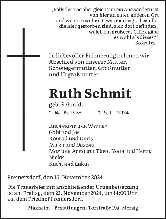 Traueranzeige von Ruth Schmit von saarbruecker_zeitung