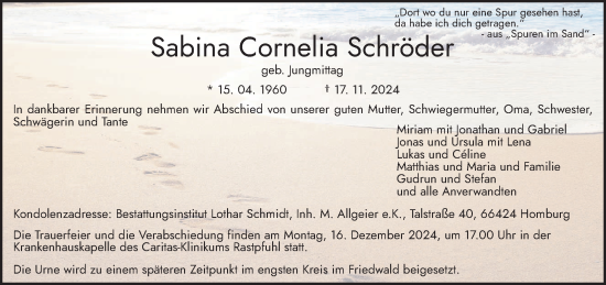 Traueranzeige von Sabina Cornelia Schröder von saarbruecker_zeitung