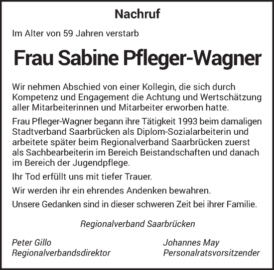 Traueranzeige von Sabine Pfleger-Wagner von saarbruecker_zeitung