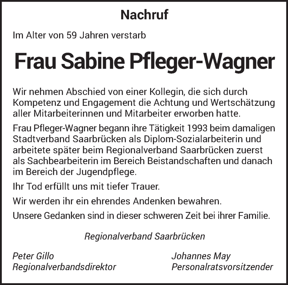  Traueranzeige für Sabine Pfleger-Wagner vom 02.11.2024 aus saarbruecker_zeitung