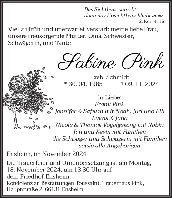 Traueranzeige von Sabine Pink von saarbruecker_zeitung