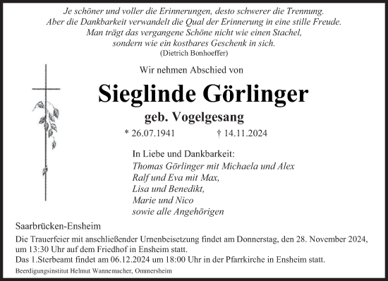 Traueranzeige von Sieglinde Görlinger von saarbruecker_zeitung