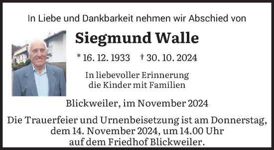 Traueranzeige von Siegmund Walle von saarbruecker_zeitung