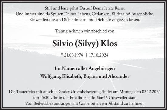 Traueranzeige von Silvio  Klos von saarbruecker_zeitung