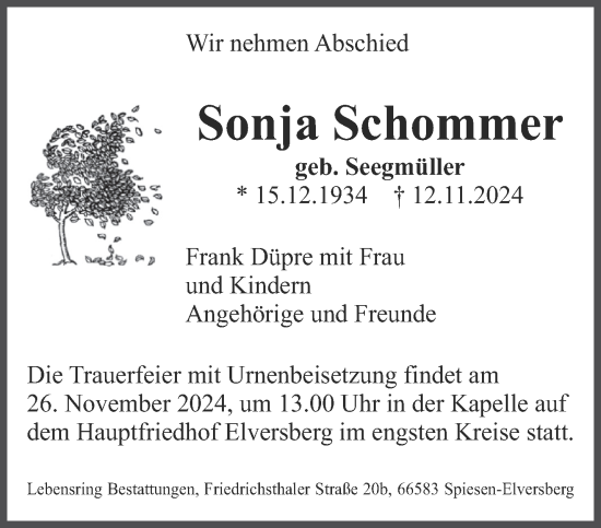 Traueranzeige von Sonja Schommer von saarbruecker_zeitung