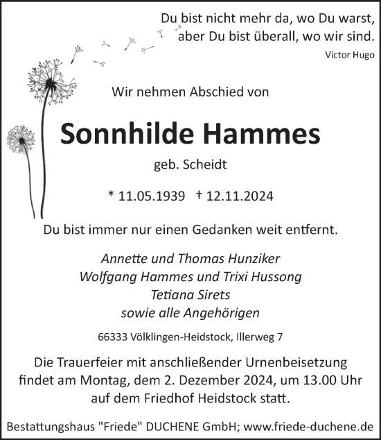 Traueranzeige von Sonnhilde Hammes von saarbruecker_zeitung