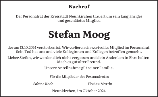 Traueranzeige von Stefan Moog von saarbruecker_zeitung