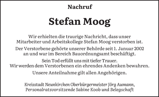 Traueranzeige von Stefan Moog von saarbruecker_zeitung