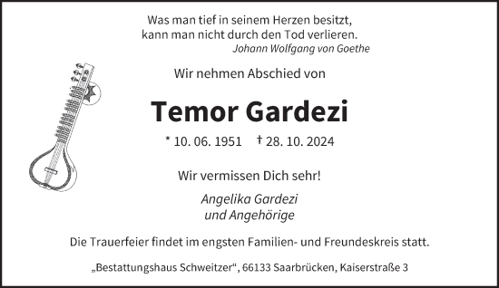 Traueranzeige von Temor Gardezi von saarbruecker_zeitung