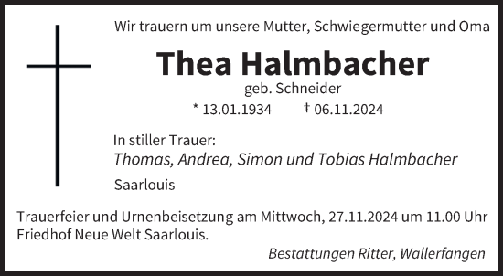 Traueranzeige von Thea Halmbacher von saarbruecker_zeitung