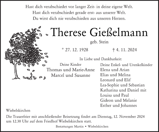 Traueranzeige von Therese Gießelmann von saarbruecker_zeitung