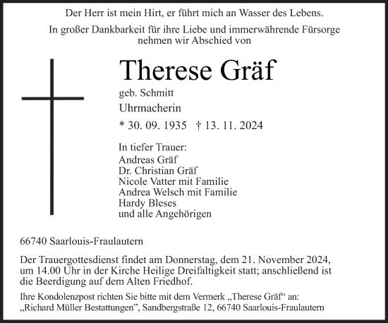 Traueranzeige von Therese Gräf von saarbruecker_zeitung