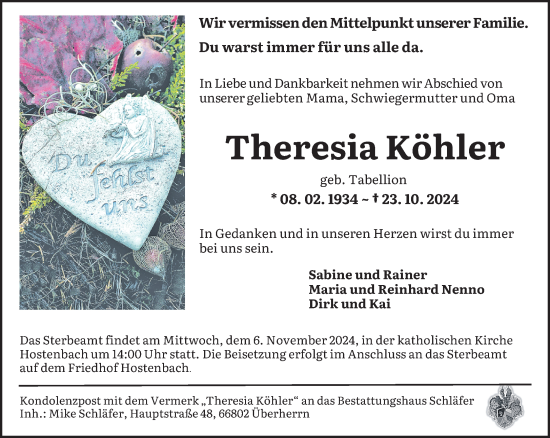 Traueranzeige von Theresia Köhler von saarbruecker_zeitung