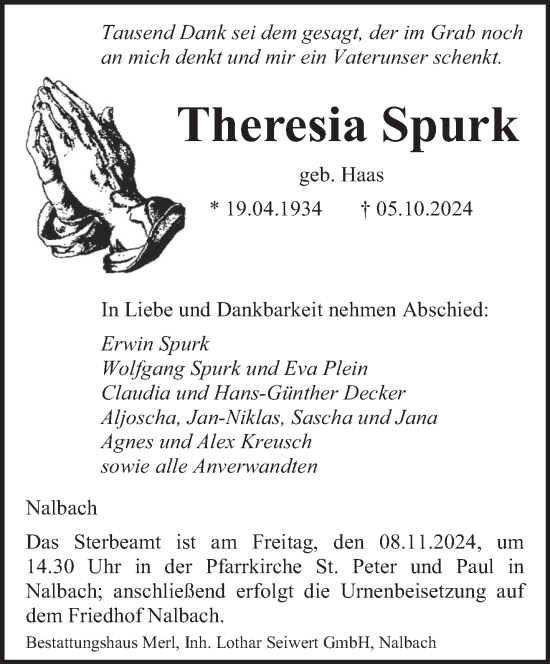 Traueranzeige von Theresia Spurk von saarbruecker_zeitung