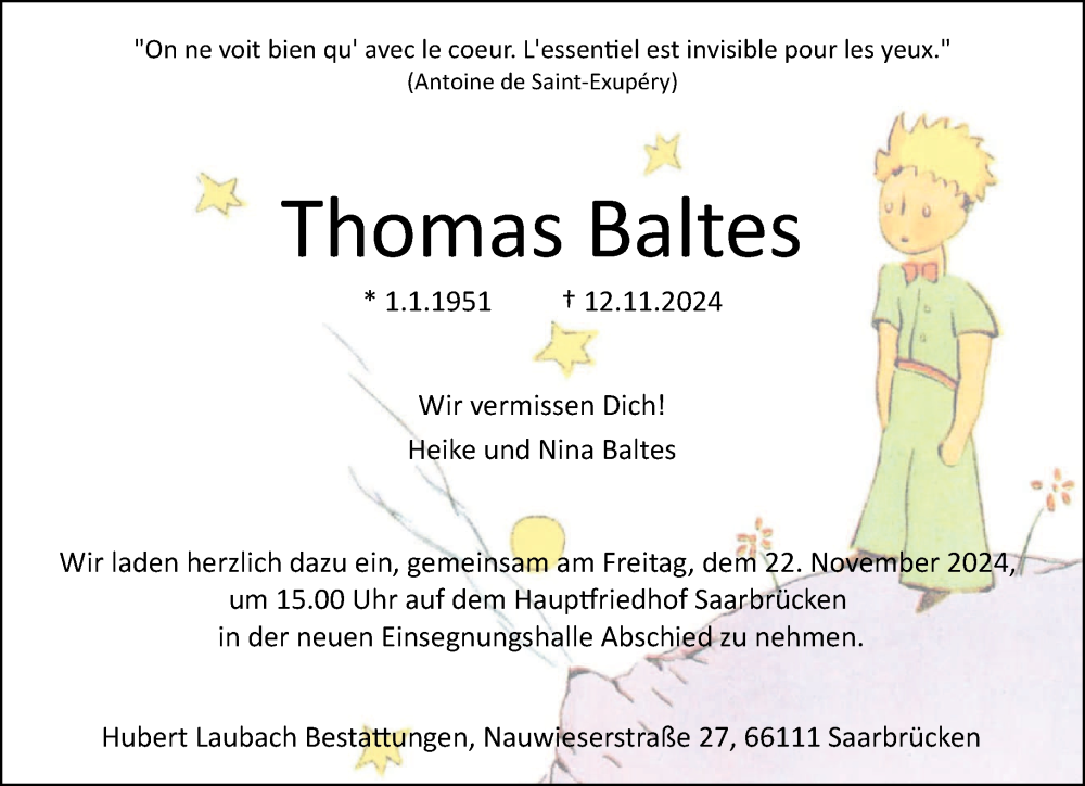  Traueranzeige für Thomas Baltes vom 16.11.2024 aus saarbruecker_zeitung