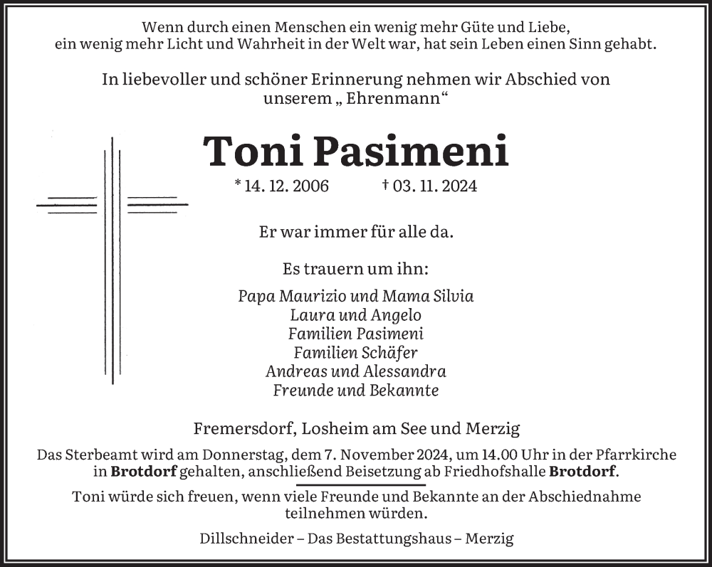  Traueranzeige für Toni Pasimeni vom 06.11.2024 aus saarbruecker_zeitung