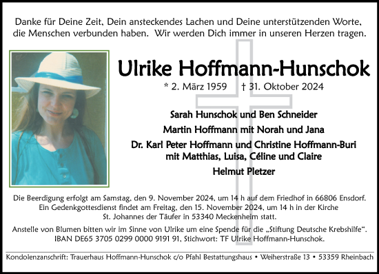 Traueranzeige von Ulrike Hoffmann-Hunschok von saarbruecker_zeitung