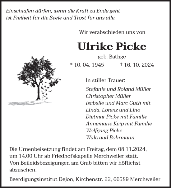 Traueranzeige von Ulrike Picke von saarbruecker_zeitung