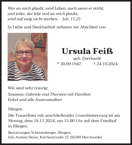 Traueranzeige von Ursula Feiß von saarbruecker_zeitung