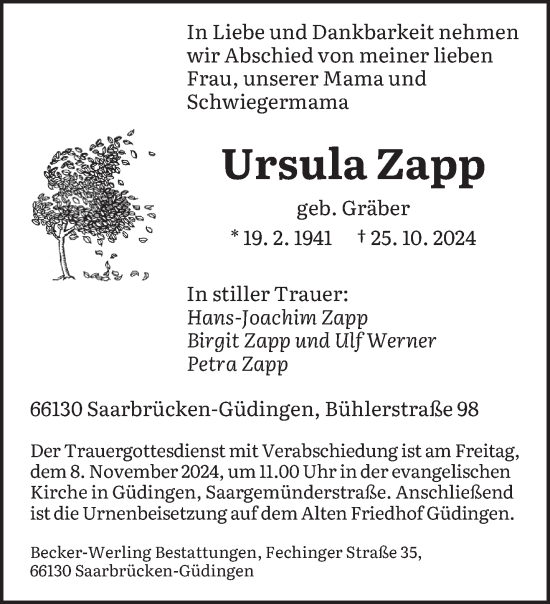 Traueranzeige von Ursula Zapp von saarbruecker_zeitung