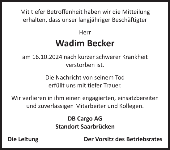 Traueranzeige von Wadim Becker von saarbruecker_zeitung