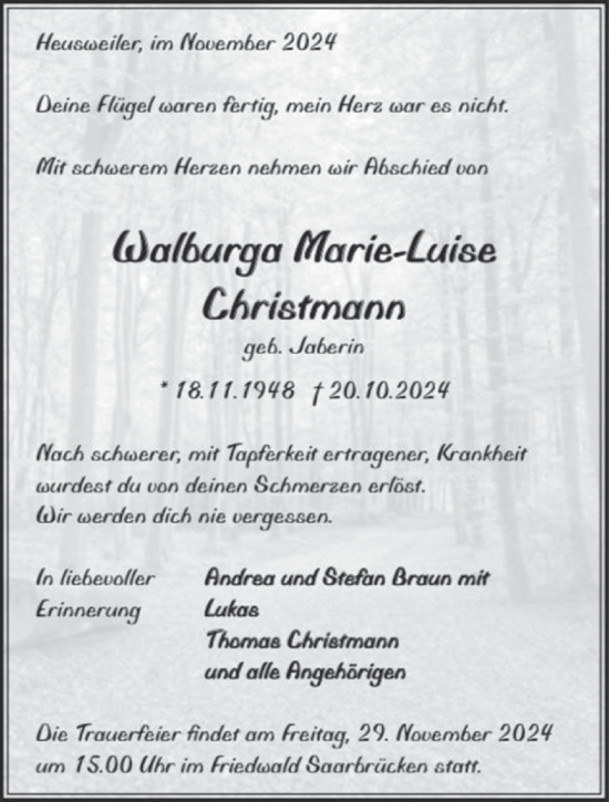 Traueranzeige von Walburga Marie-Luise Chrsitmann von saarbruecker_zeitung