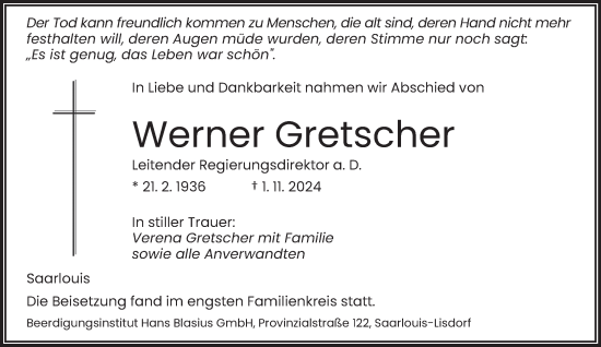 Traueranzeige von Werner Gretscher von saarbruecker_zeitung