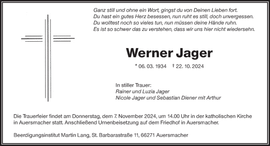 Traueranzeige von Werner Jager von saarbruecker_zeitung