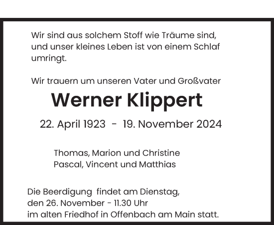 Traueranzeige von Werner Klippert von saarbruecker_zeitung