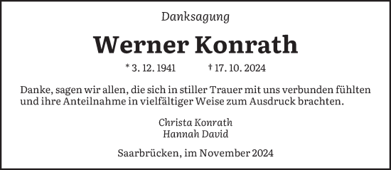 Traueranzeige von Werner Konrath von saarbruecker_zeitung