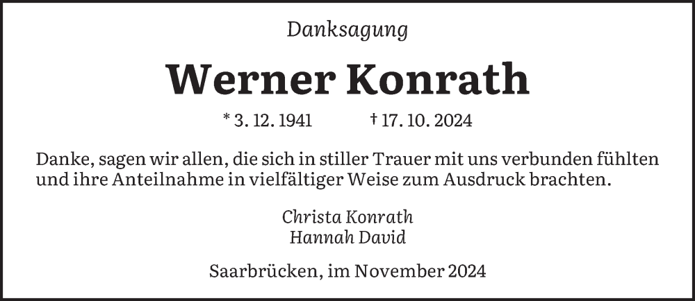  Traueranzeige für Werner Konrath vom 09.11.2024 aus saarbruecker_zeitung