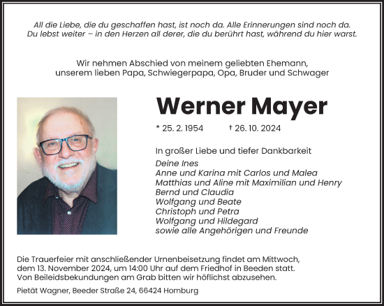 Traueranzeige von Werner Mayer von saarbruecker_zeitung