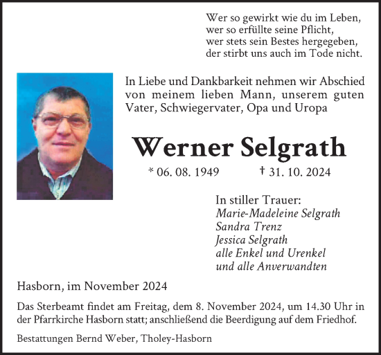 Traueranzeige von Werner Selgrath von saarbruecker_zeitung