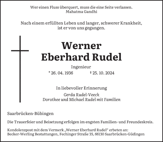 Traueranzeige von Werner Eberhard Rudel von saarbruecker_zeitung