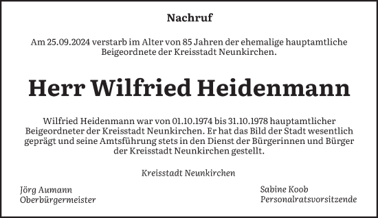 Traueranzeige von Wilfried Heidenmann von saarbruecker_zeitung